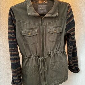 Natural Reflections Olive Utility Jacket with Striped Sleeves